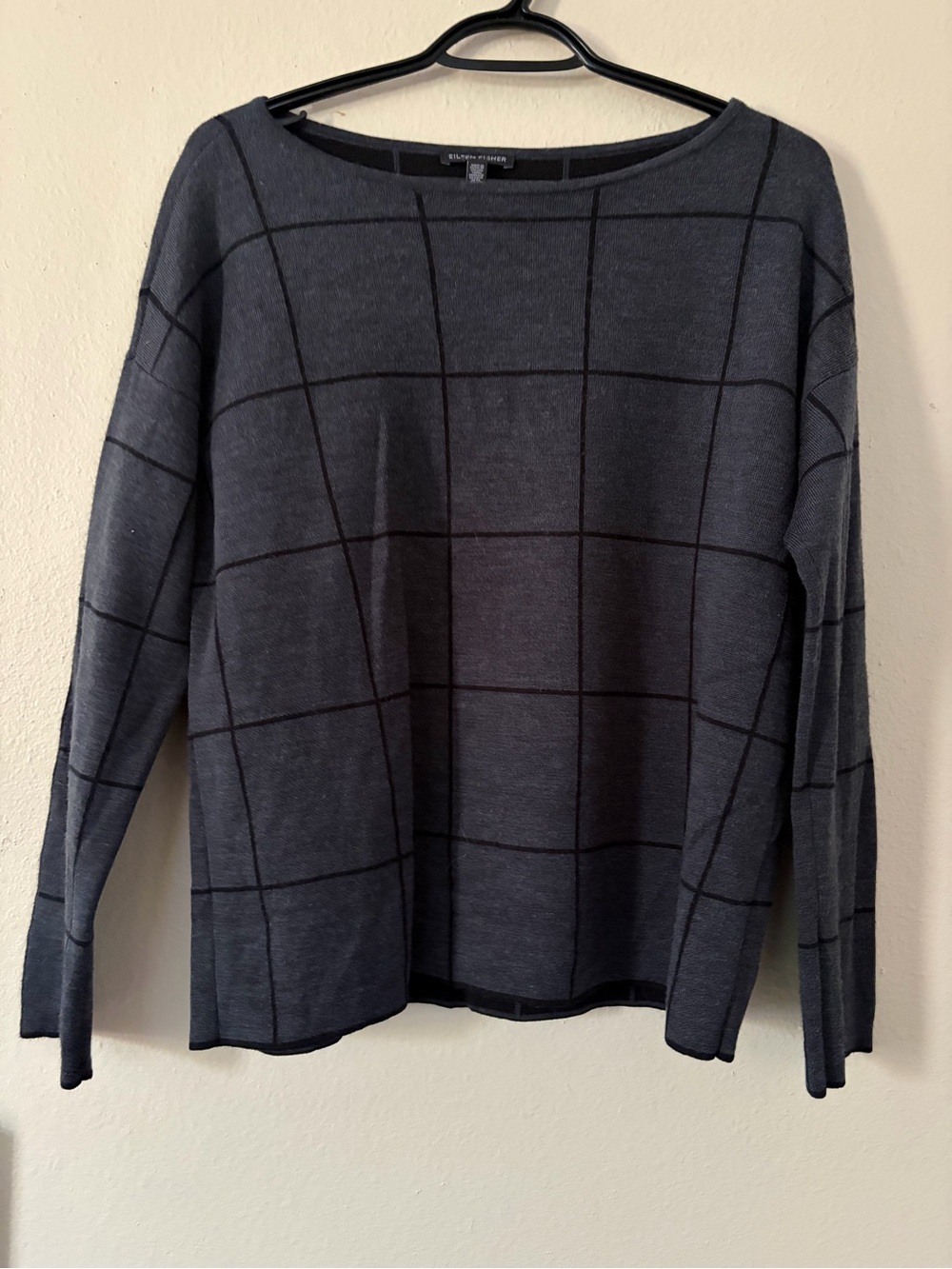 Eileen Fisher Charcoal Gray Grid Crewneck Sweater Merino Wool Blend